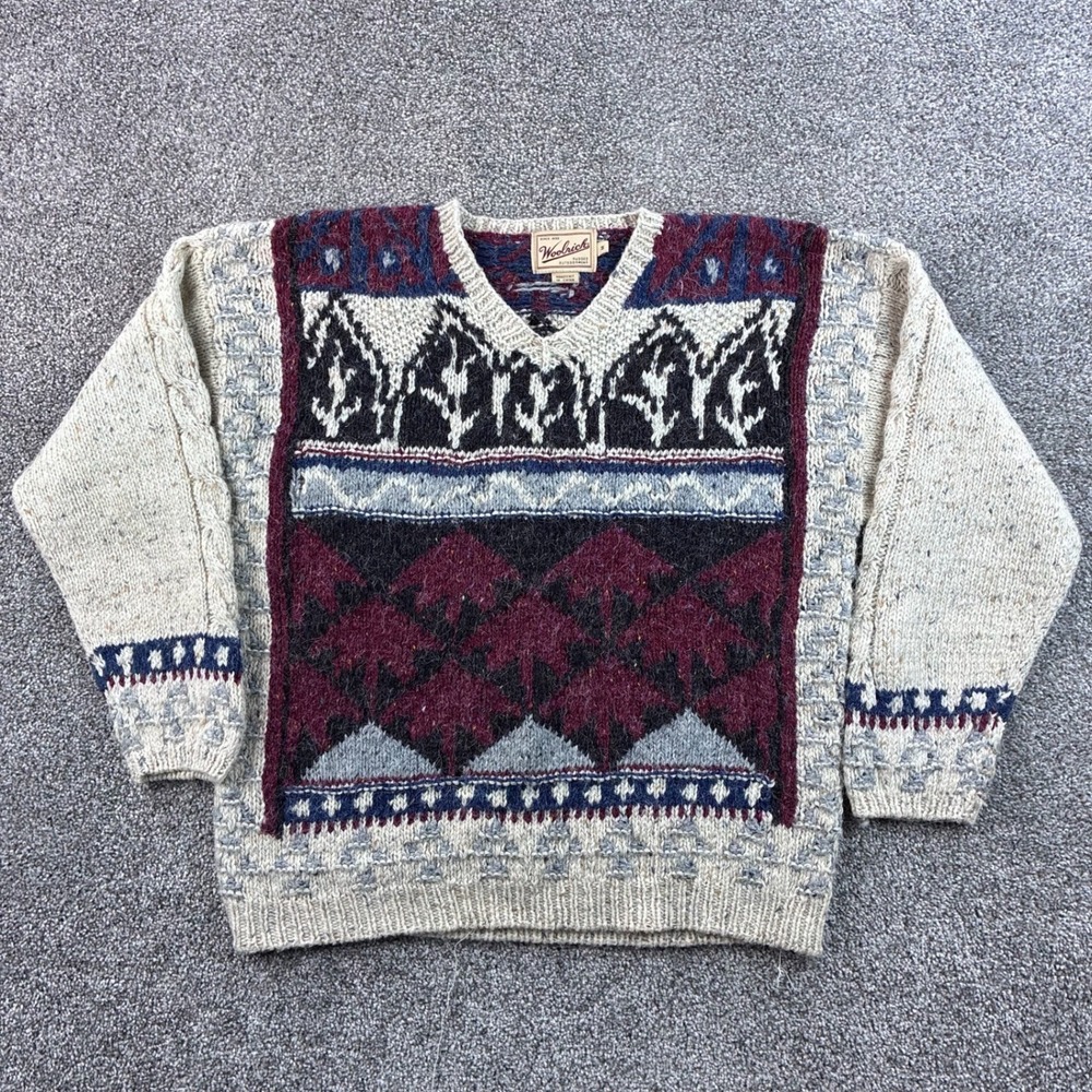 Vintage Woolrich Sweater Adult M Multicolor Wool Handknit Nordic V-Neck Cabin